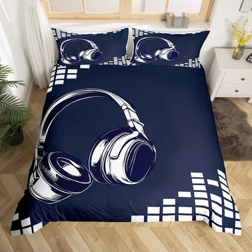 Vista 2 de Feelyou - Funda de edredón con estampado de auriculares, juego de ropa de cama con temática musical, patrón geométrico musical, funda de edredón