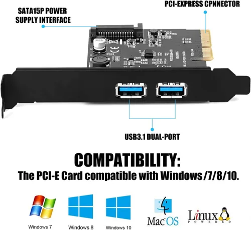 Vista 5 de PCI Express 4X USB 3.1 Gen 2 Tarjeta de expansión de puertos de doble tipo A, adaptador de extensor de tarjeta Pcie de 10 Gbps de 2 puertos