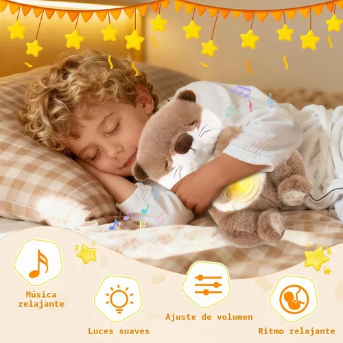 Vista 9 de LUKETURE Peluche de nutria respiratoria con movimiento rítmico, luz nocturna suave y ruido blanco, compañero de peluche calmante para relajación