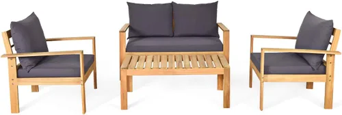 Vista 9 de COSTWAY Juego de 4 sofás de madera de acacia para exteriores, juego de sofá de conversación al aire libre con mesa y cojines, sillas de porche
