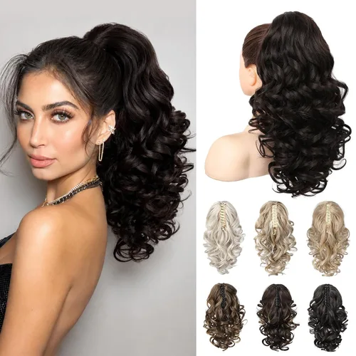 Vista 17 de REECHO Extensión de cola de caballo de 12 pulgadas, pinza de cola de caballo rizada y ondulada clásica para mujeres - Negro