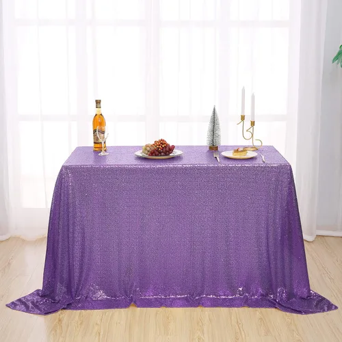 Vista 8 de nanbowang Mantel de lentejuelas color morado claro para fiestas, rectangular, superposición de tela de lentejuelas, manteles de mesa de cumpleaños