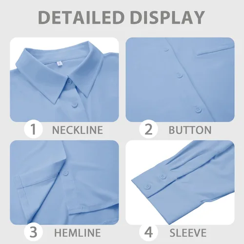 Vista 6 de Camisa de vestir con botones para mujer, blusas de manga larga, elásticas, casuales, para trabajo, con bolsillos