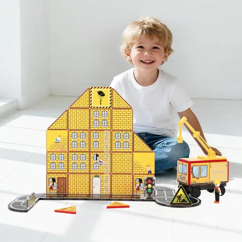 Vista 6 de MEGAGONTILES Juego de 60 azulejos magnéticos para estación de bomberos Bloques de construcción magnéticos STEM con camiones de bomberos y grúas