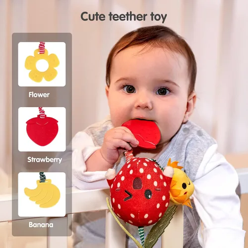 Vista 8 de TUMAMA Juguetes para bebés de 3, 6, 9, 12 meses, sonajeros colgantes de frutas, aguacate, plátano, naranja y fresa, juguetes móviles para cochecito