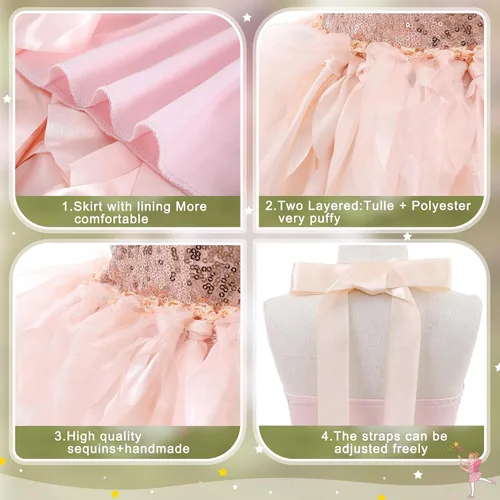Vista 7 de Vestido tutú para niñas, traje de cumpleaños, vestido de fiesta de tul con lentejuelas brillantes para niñas, baile de graduación, tenis, concurso