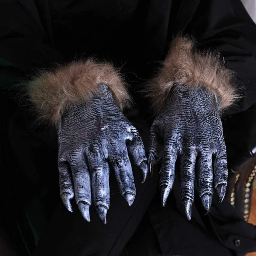 Vista 9 de Manos de hombre lobo de Halloween, garras de hombre lobo G-loves, látex lobo G-ama manos peludas aterradoras para fiesta de hombre lobo, accesorios