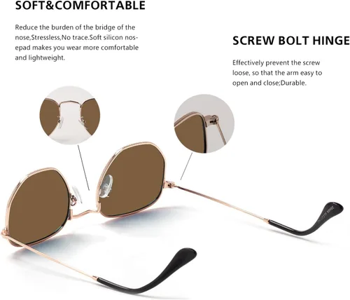 Vista 3 de Hipster. - Lentes de sol polarizados hexagonales para hombre y mujer, diseño geométrico, cuadrados, pequeños, marco de metal vintage, gafas de sol