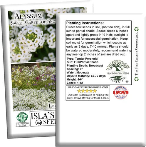 Vista 3 de Sweet Carpet of Snow Alyssum - Semillas de flores para plantar, más de 1500 semillas por paquete, semillas de jardín de Isla