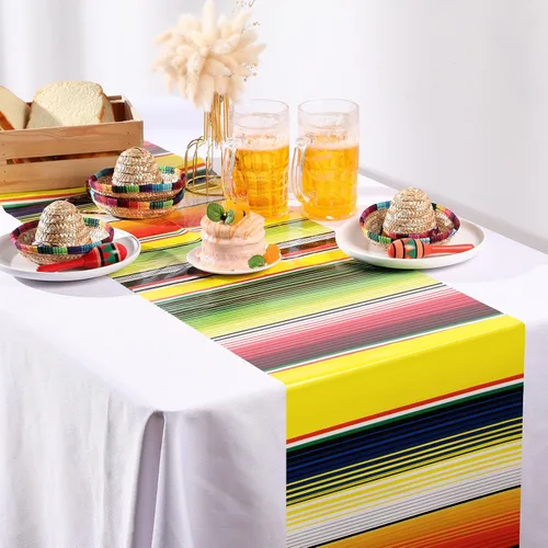 Vista 5 de Preboun 6 piezas de camino de mesa mexicano de plástico Dia De Los Muertos Serape Camino de mesa 14 x 108 Fiesta mexicana colorido a rayas