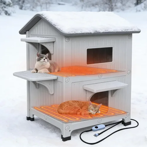 Vista 11 de Casa para gatos al aire libre, resistente a la intemperie, casas de plástico para gatos con puerta de escape, 2 pisos para interiores, impermeable