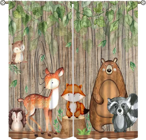 Vista 27 de YCness Cortinas para niños y niñas, diseño de animales de la selva, bosque de otoño, dibujos animados, ciervos, conejos, zorros, búhos, cortinas