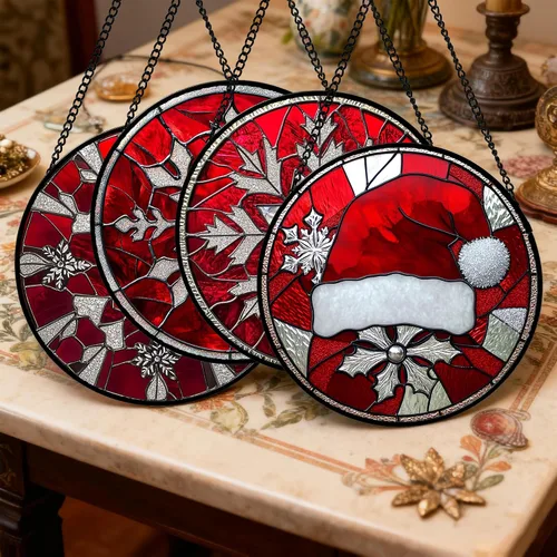 Vista 2 de DASTOLL Juego de 4 Piezas de Decoración Colgante para Ventana de Vidrio Manchado Rojo Temática de Navidad 16 cm - Atrapasoles para Puerta, Jardín