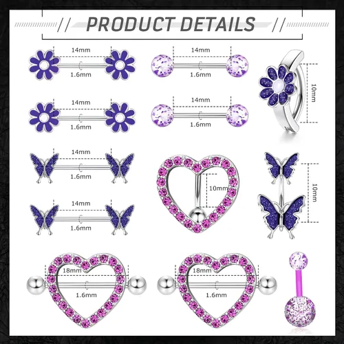 Vista 2 de ORAZIO Anillos de pezón de acero quirúrgico 14G para mujer, anillo de ombligo de mariposa, margarita, flor, pezón, barras de pezón, circonita