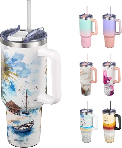 Vista 7 de THILY Vaso de 40 onzas de acero inoxidable con asa - Taza de viaje con aislamiento al vacío, tapa a prueba de salpicaduras y a prueba de fugas, 2