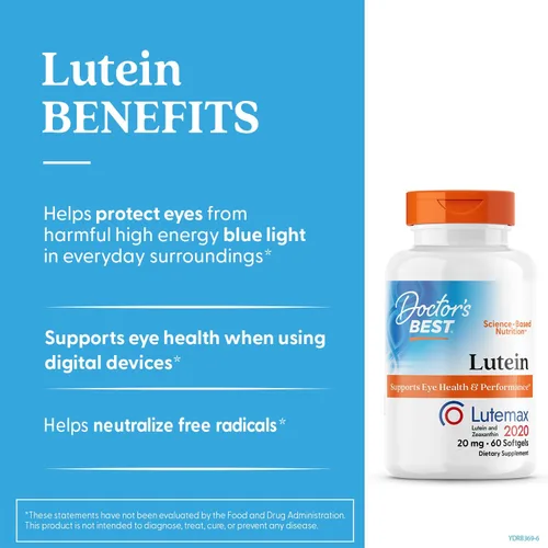 Vista 2 de Doctor's Best Suplemento de luteína de 20 mg con zeaxantina - Luteína para los ojos, vitaminas para la salud ocular para hombres y mujeres, apoyo a