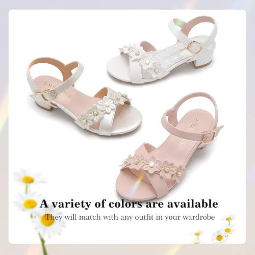 Vista 7 de Sandalias para niñas, tacones para niños, puntera abierta, correa al tobillo, zapatos de vestir, flores para boda, fiesta para niños pequeños