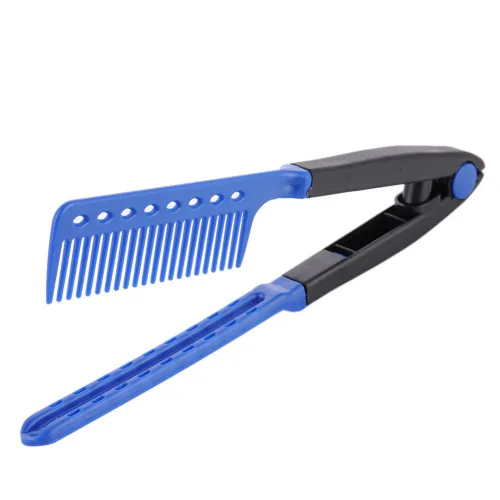 Vista 3 de Bricolaje Salón Cepillo Peines Peluquería Estilizador de pelo Plancha de pelo en forma de V peine recto (azul)