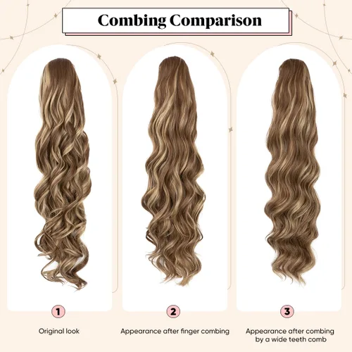 Vista 4 de Extensiones de cabello sintético ondulado con cordón para cola de caballo de 26 pulgadas, para mujer, castaño medio ceniza, rubio ceniza