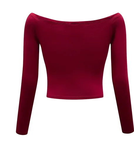Vista 4 de OThread & Co. Blusa corta de manga larga con hombros descubiertos para mujer, cómoda, básica, con capa elástica