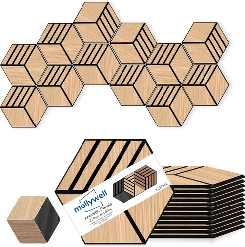 Vista 8 de Mollywell Paneles acústicos, grano de madera de PVC, azulejos de pared tallados en hexágono a prueba de sonido, fieltro autoadhesivo de alta