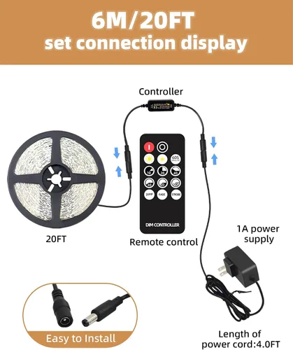 Vista 6 de Tira de luces LED de 20 pies con control remoto, 3000 K luces de cinta cálida y regulable, 12 V, 360 LED, 2835 luces adhesivas fuertes para armario