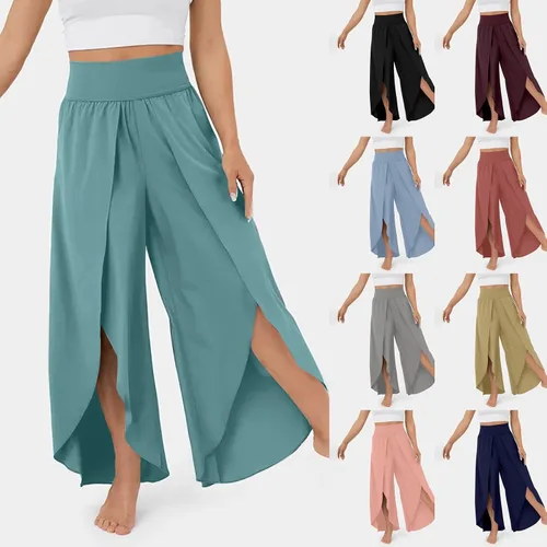 Vista 2 de Pantalones de pierna ancha con abertura y vuelo para mujer, pantalones de yoga de cintura alta, pantalones de pilates hippie, estilo bohemio, playa