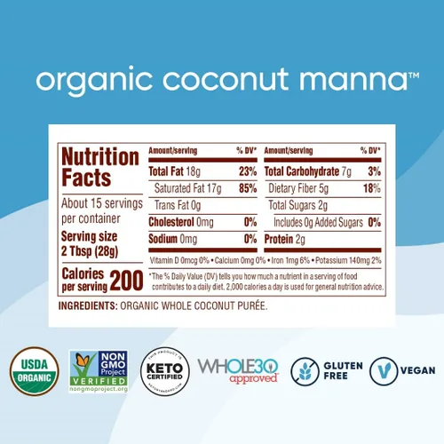 Vista 2 de Nutiva Maná de Coco Orgánico, Mantequilla de Coco Puré, 15 Oz (Paquete de 2), Orgánico USDA, Sin OMG, Aprobado para Whole 30, Vegano, Sin Gluten