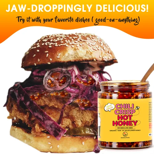 Vista 5 de SAUCE UP Chili-Crisp Hot Honey Miel de flores silvestres picante dulce con ajo crujiente y hojuelas de chile Calor audaz y sabroso con un