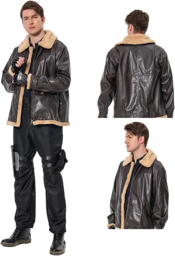 Vista 5 de Chaqueta de cosplay para hombre, pantalones, uniforme superior, cinturón marrón, guantes, disfraz de Halloween