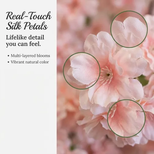 Vista 6 de Larksilk Paquete de 3 ramas de flor de cerezo rosa claro de 30 pulgadas, tallos artificiales japoneses de Sakura para jarrones altos, arcos de boda