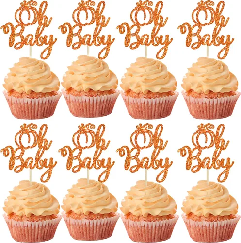 Vista 22 de 24 adornos para cupcakes de calabaza para niños o niñas con purpurina para revelación de género, decoración para cupcakes de calabaza, pies