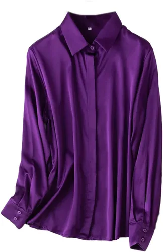 Vista 8 de Women's Satin Silk Buttons Down Long Sleeve Solid Dress Shirts Top Soft Blouse Collar Office Work