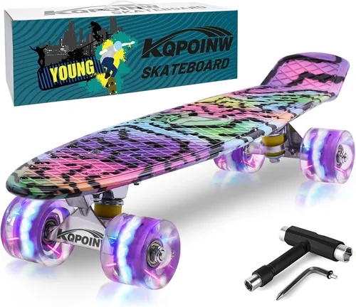 Vista 10 de Patinetas, Monopatín Completo de 56 cm, Mini Cruiser para Niños, Niñas, Adolescentes Principiantes con Ruedas de Luces Intermitentes Coloridas
