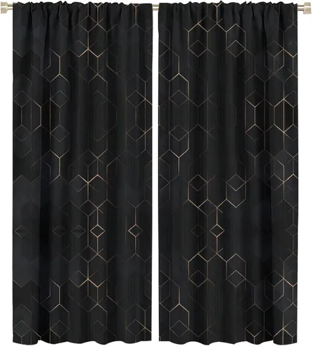 Vista 115 de Cortinas Negras con Dobladillo Dorado, Cortinas Opacas con Bolsillo para Barra con Estampado de Rayas de Foil en Onda Dorada para Decoración de Negro
