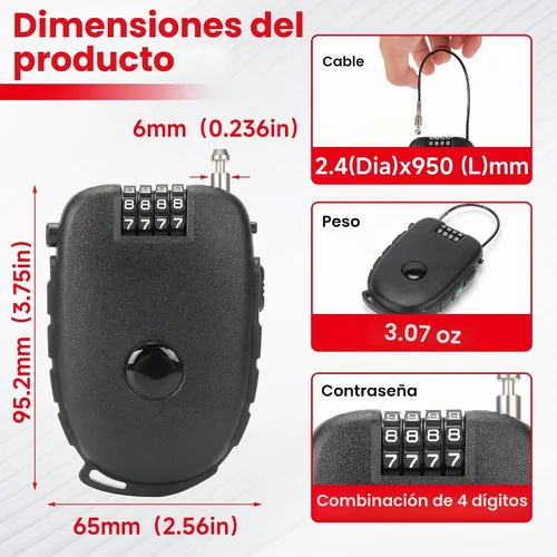 Vista 2 de Cerradura de combinación de 4 dígitos con cables de acero rápidamente retráctiles de 27.5 pulgadas, seguridad sin llave para bicicleta, casco