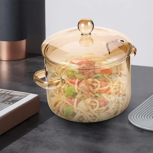 Vista 4 de Cacerola de vidrio con tapa, cacerola de vidrio con tapa, juego de utensilios de cocina para pasta, sopa, leche, alimentos, fideos instantáneos..