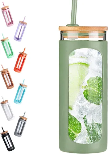Vista 6 de Kodrine Vaso para agua de vidrio de 20 onzas con popote y tapa, botella de agua con tapas de bambú, taza para café helado, reutilizable, boca ancha