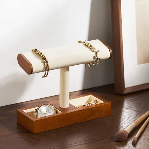 Vista 3 de Oirlv Soporte de exhibición de reloj de madera maciza Soporte de reloj con barra en T para hombres y mujeres Organizador de accesorios de joyería