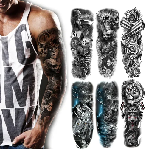 Vista 5 de Kotbs 6 hojas de mangas temporales de tatuaje de tótem tribal grande, diseños realistas de dragón, reloj y vikingo, funda de tatuajes falsos