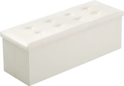 Vista 8 de YOUDENOVA Otomana plegable de almacenamiento, otomana de piel sintética, reposapiés otomano, asiento acolchado para dormitorio y sala de estar, Beige
