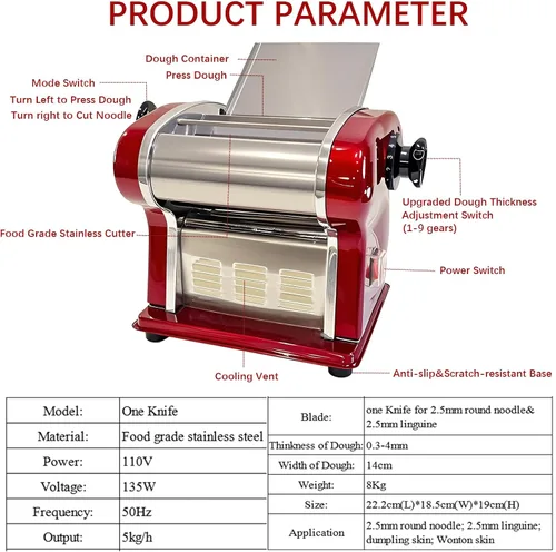 Vista 9 de Máquina eléctrica de pasta, 135 W, 9 ajustes y cortador de 0.098 in Stainless steel pasta machine: thickness (0.3-5mm), round noodles. 5kg/h. For
