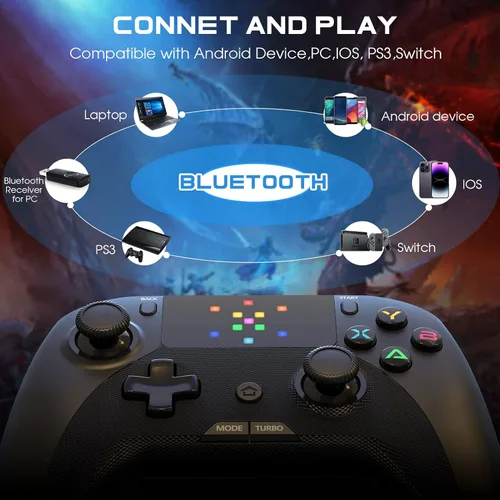 Vista 5 de Forty4 Wireless Gaming Controller Led Dots Display Bluetooth Gaming Controller Programmable M Dual Vibration Gamepad Compatible with Android Ios