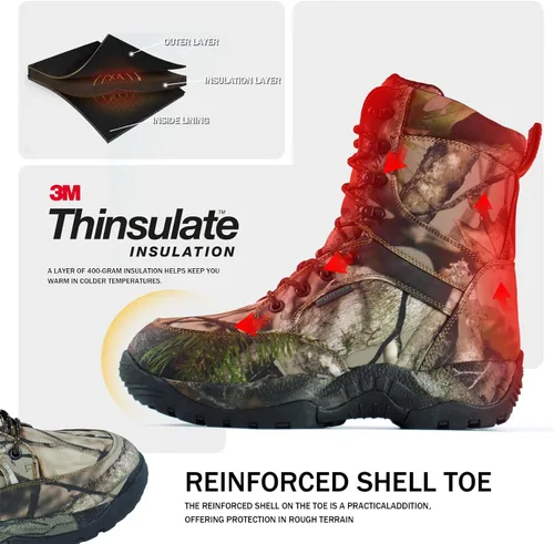 Vista 3 de Botas de caza impermeables para hombre, 8 pulgadas, ligeras, aisladas, camufladas, para exteriores, 14.11 oz Thinsulate