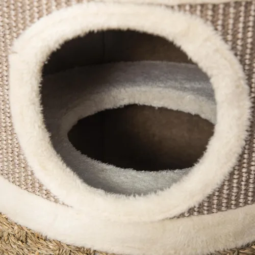 Vista 9 de PawHut Condominio para gatos de 28 pulgadas, escondite para gatos de 3 pisos con almohadilla de sisal, árbol pequeño en forma de barril para gatos