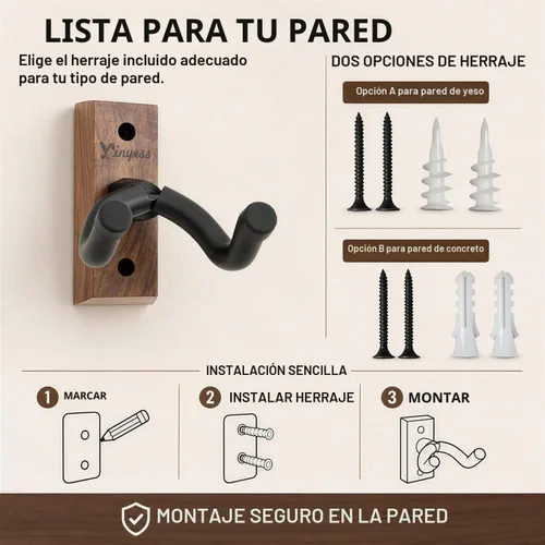 Vista 5 de Soporte de pared para guitarra con soporte para púas y 6 púas de celuloide, colgador de guitarra de madera de nogal en forma de U, soporte de gancho
