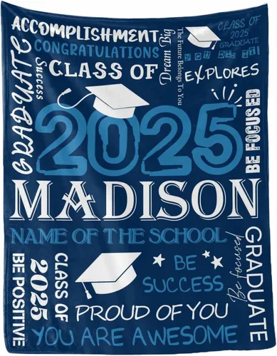 Vista 21 de MyPupSocks Manta personalizada para regalo de graduación, felicitaciones clase de 2025, manta azul personalizada de forro polar 2025 para hermana
