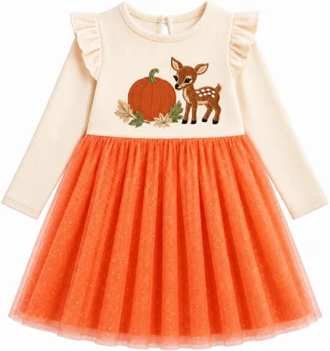 Vista 6 de HILEELANG Vestido de manga larga de algodón para niñas, vestido de otoño Gato Negro Largo