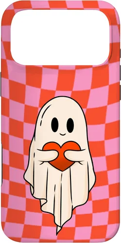 Vista 22 de Funda para iPhone 17 de San Valentín Retro Ghost Hugging Heart Checkerboard Rosa Rojo