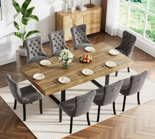 Vista 27 de Juego de mesa de comedor extensible marrón de 63 a 78.74 pulgadas para 4, juego de mesa de comedor de 5 piezas con 4 sillas tapizadas, mesa